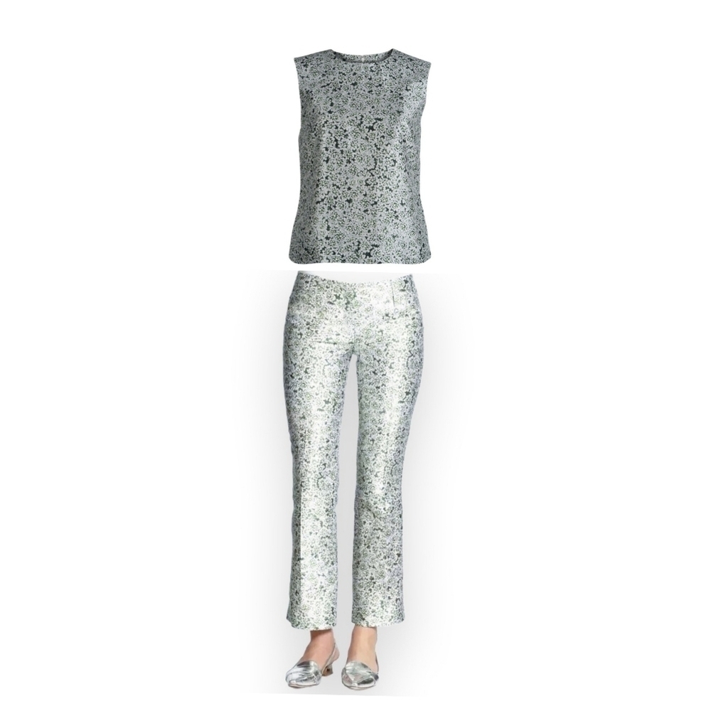 Tory Burch Green And White Floral Printed Silk Trouser Set Size 2 - Picture 1 of 10